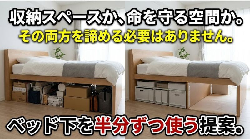 【警告】便利な収納ベッドが逃げ場を塞ぐ？収納力と命を守る空間を両立させる「半分使い」のサバイバル戦略
