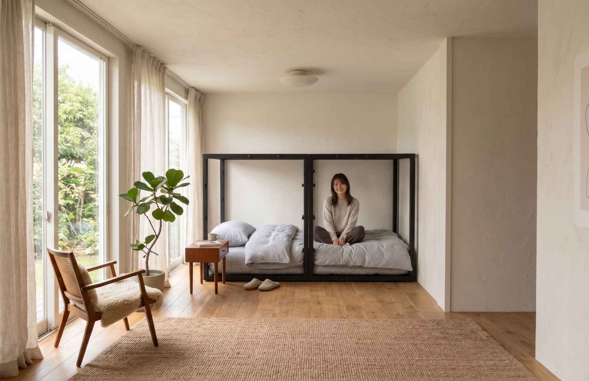 窓のある寝室に黒いTETUNOMAを置き、女性が内側に座ってくつろぐ使用イメージ