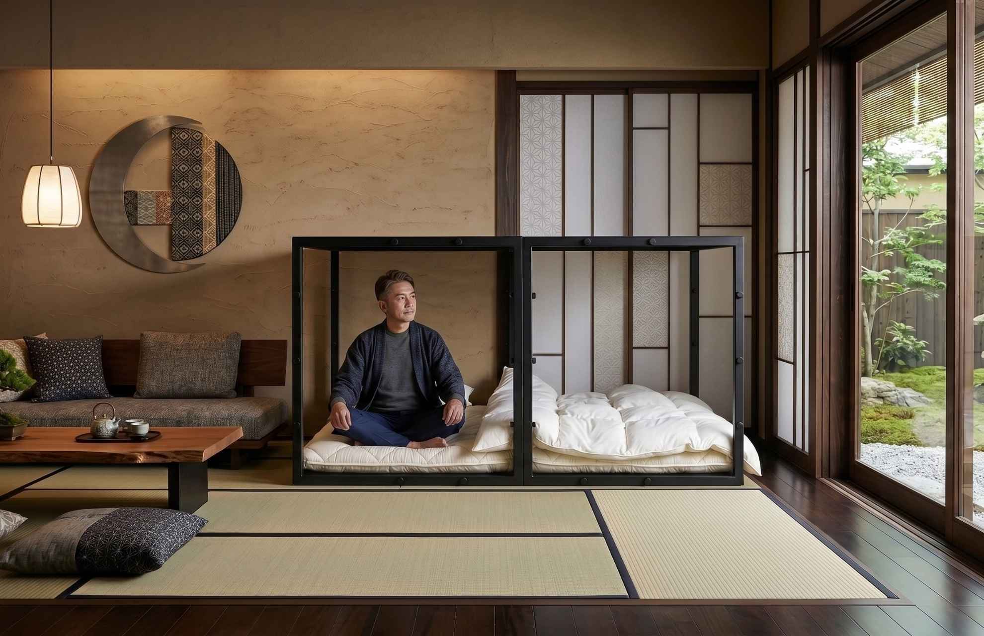 庭の見える和室で、黒いTETUNOMAの内側に男性が座ってくつろぐ使用イメージ