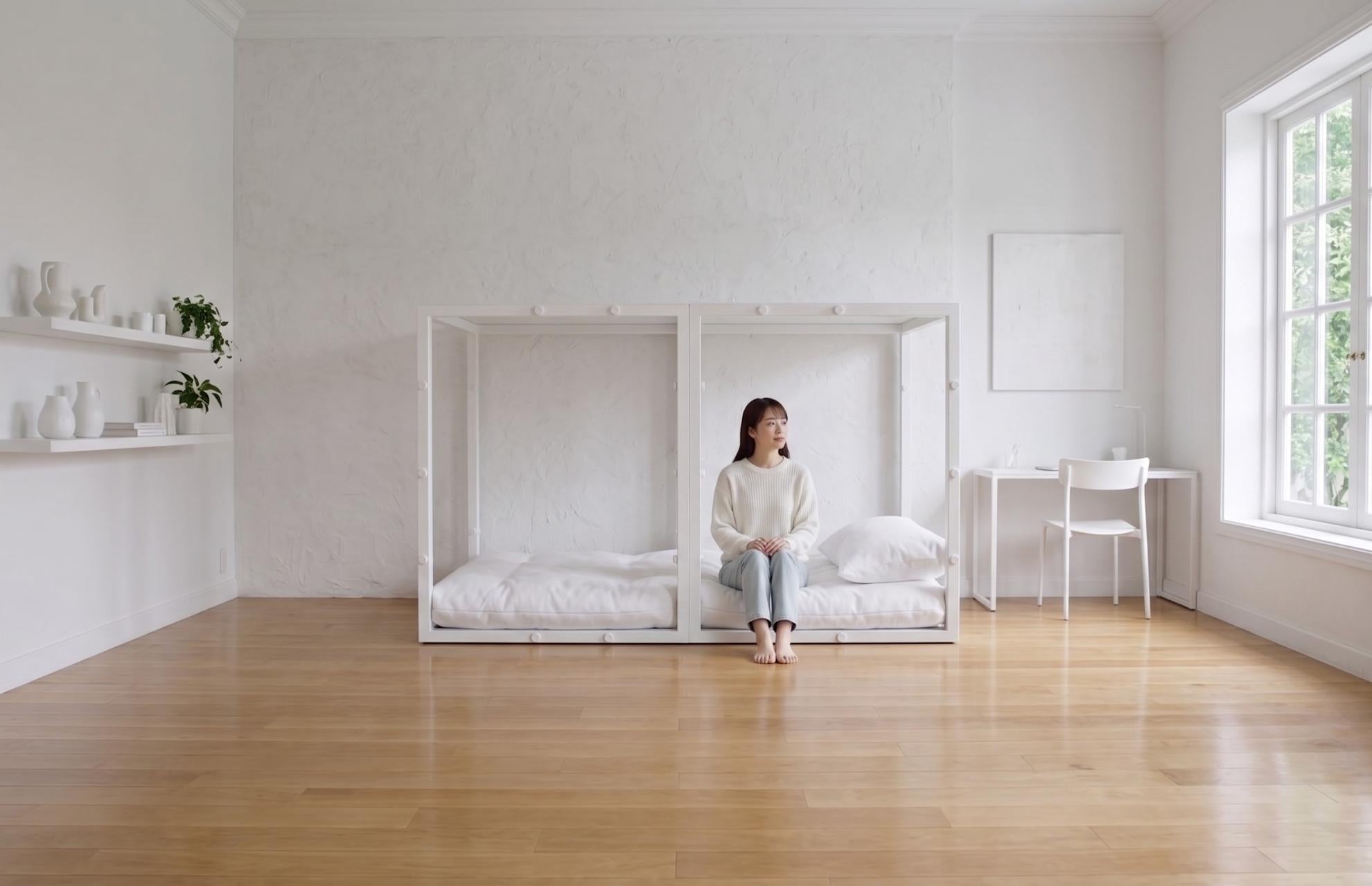 白いTETUNOMAを明るい洋室に置き、女性がベッドに座っている使用イメージ